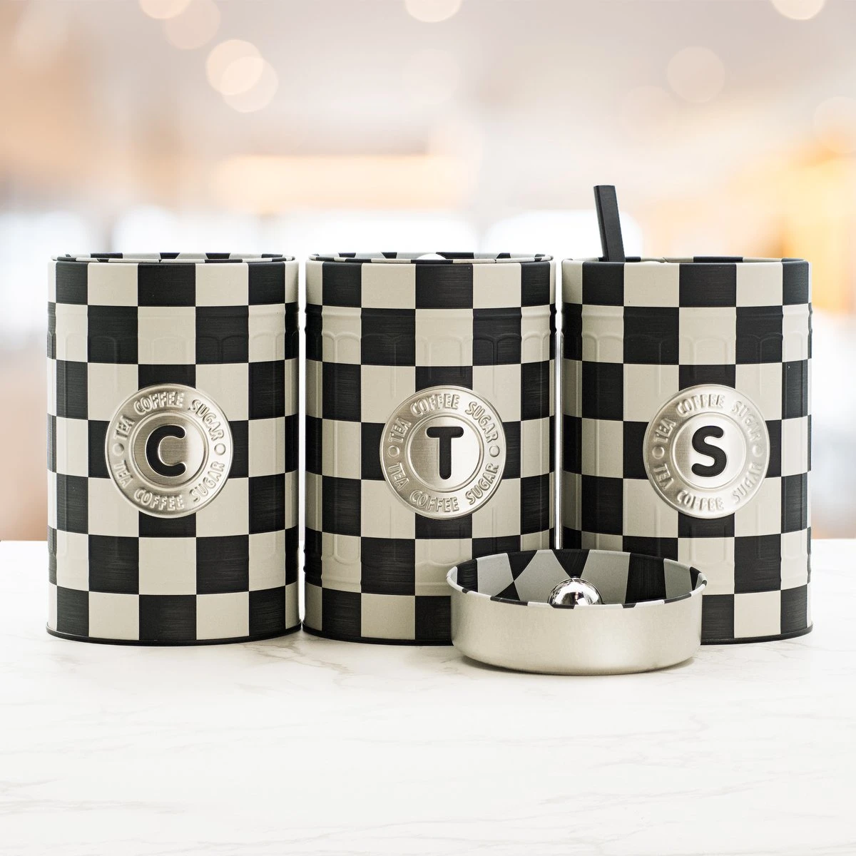 Industrial Living Voorraadblikken – Voorraadbussen Koffie Thee Suiker – Bewaarblik – Checkerboard – Voorraadpot Geblokt Voor Koek – Metaal - Set Van 3 – Zwart - Wit - Afbeelding 3