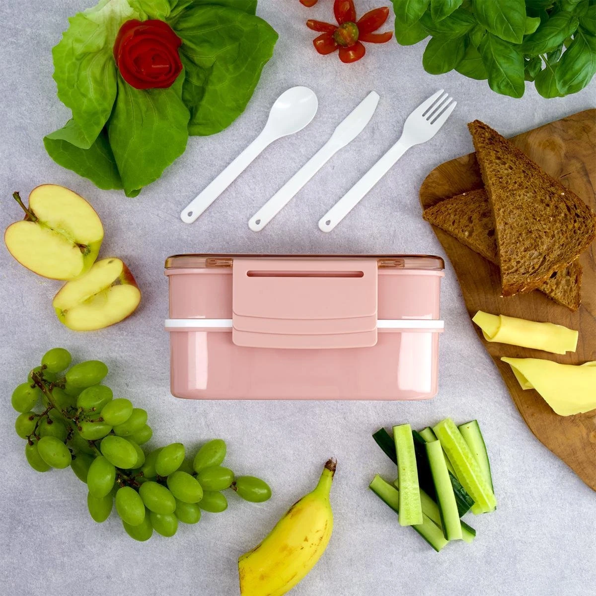 Homra Lunchbox STAQS Pink - Bento Box - 2 Laags Broodtrommel - 3 Compartimenten - Roze - Lunch To Go - Duurzaam Kunststof - BPA Vrij - 3 Vaks Lunchtrommel Voor Volwassenen - Inclusief Bestek - Magnetron, Diepvries, Vaatwasser Bestendig - Vers Houden - Afbeelding 4