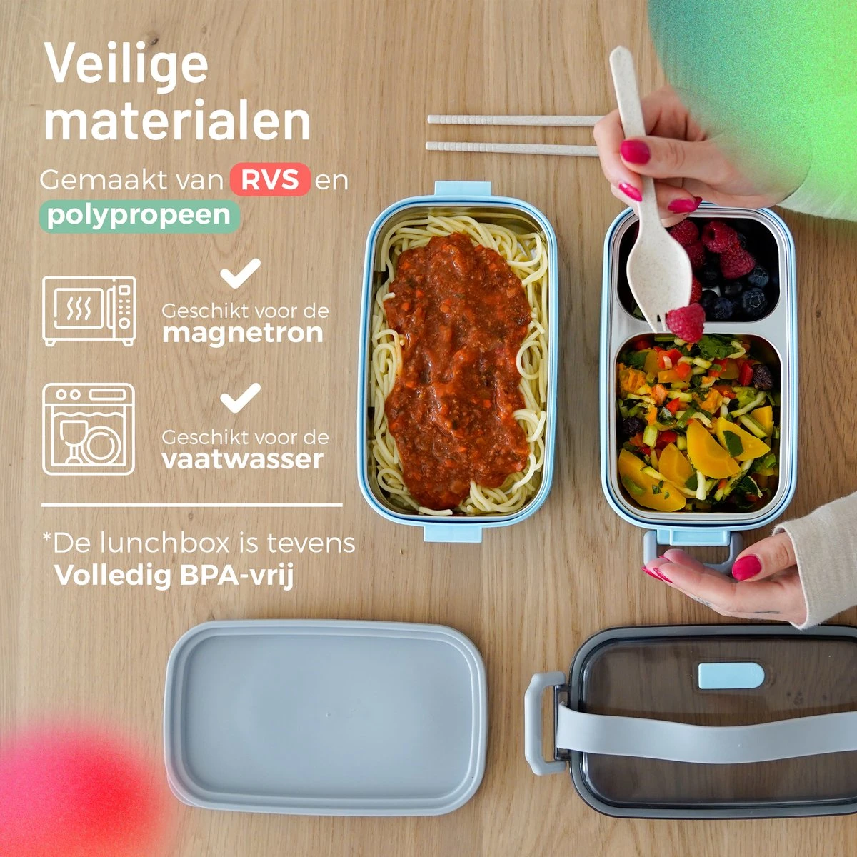 Triple J® Lunchbox - Broodtrommel - Lucht- & Lekvrij - Incl. Bestek - Magnetron & Vaatwasser Bestendig - Afbeelding 3