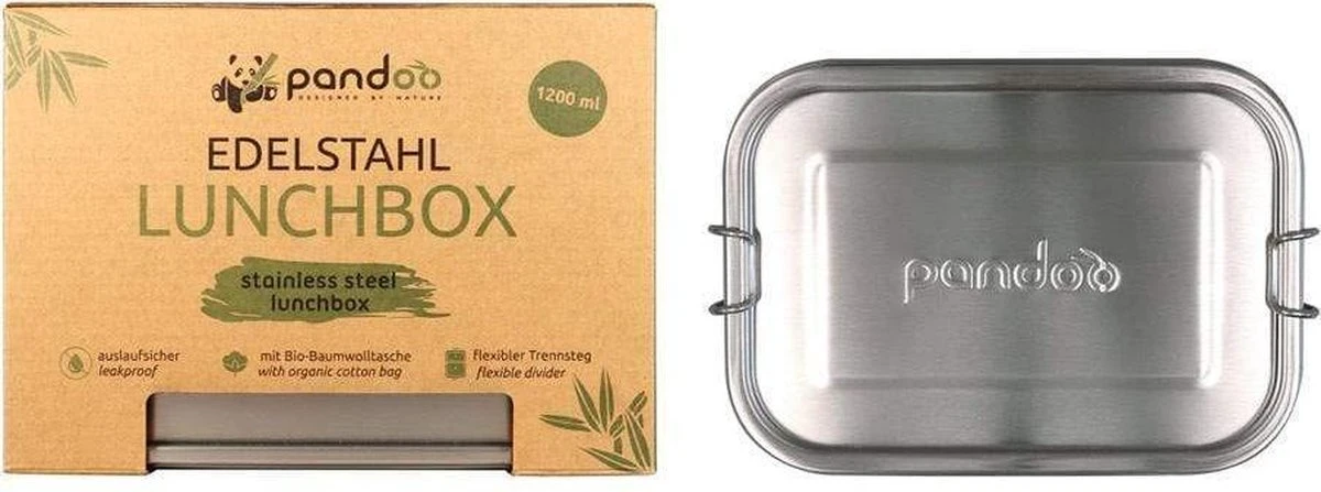 Pandoo RVS Lunchbox - 1200 Ml - Incl. Divider + Katoenen Tas - Afbeelding 4