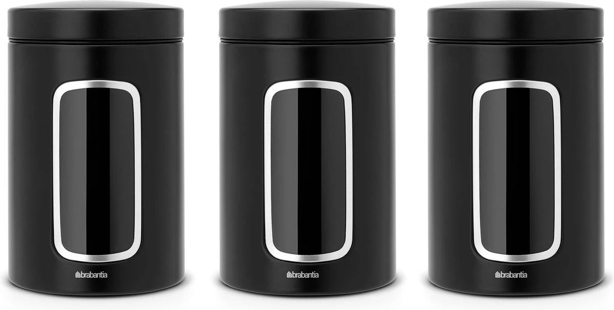Brabantia Voorraadbussen - 1,4 L - Matt Black - 3 Stuks - Met Venster