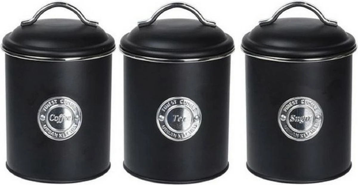 Merkloos 3x Zwart Voorraadblik Suiker, Thee En Koffie - Levensmiddelen Bewaren - Voorraadblikken/voorraadtrommels