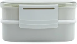 Homra Lunchbox STAQS Grey - Bento Box - 2 Laags Broodtrommel - 3 Compartimenten - Grijs - Lunch To Go - Duurzaam Kunststof - BPA Vrij - 3 Vaks Lunchtrommel Voor Volwassenen - Inclusief Bestek - Magnetron, Diepvries, Vaatwasser Bestendig - Vers Houden