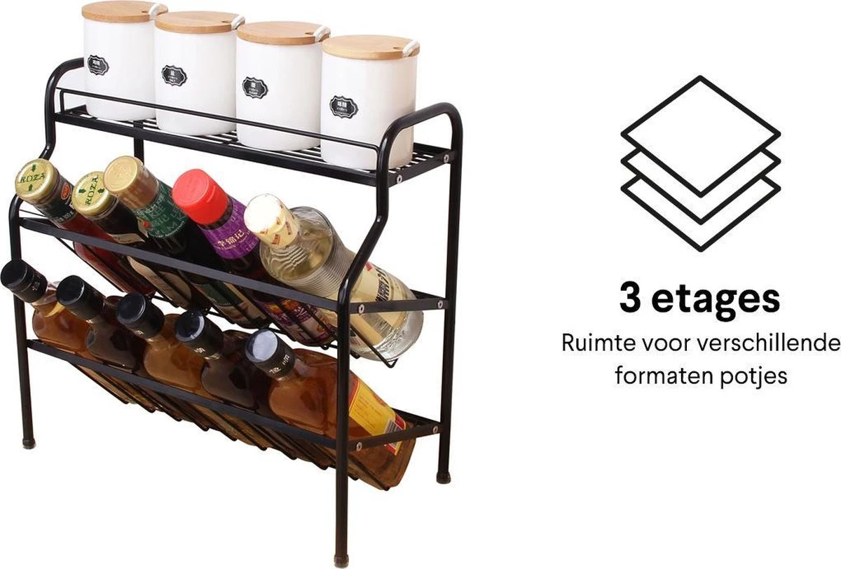 Zindoo Kruidenrek Zwart 3-laags Staand - Specerijen Rek - Kruiden Rek - Duurzaam RVS - Anti Slip Onderzijde - Specerijenstandaard – Keukenorganizer - Spice Rack - Kitchen Rack - Spice Organizer Keukenaccessoire - ZIN-SR05 - Afbeelding 4