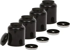 Merkloos Theeblik - Kruidenblik - Voorraadblik - Bewaarblik - Met Aroma Deksel - Zwart - 4 Stuks