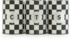 Industrial Living Voorraadblikken – Voorraadbussen Koffie Thee Suiker – Bewaarblik – Checkerboard – Voorraadpot Geblokt Voor Koek – Metaal - Set Van 3 – Zwart - Wit