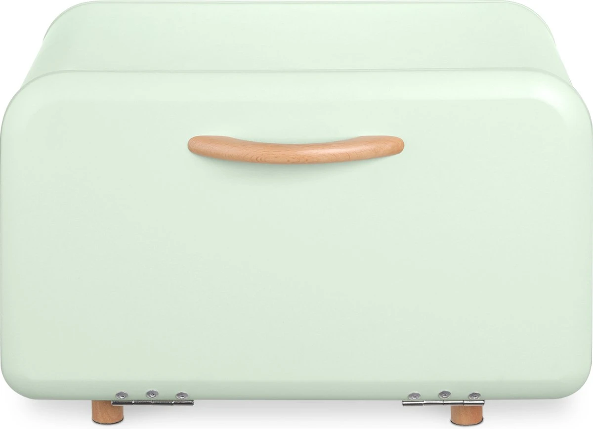 Navaris Metalen Broodtrommel Met Klapdeksel - Vershouddoos Voor Brood - 35 X 24 X 23 Cm - Van Ijzer Met Houten Details In Mintgroen - Afbeelding 6