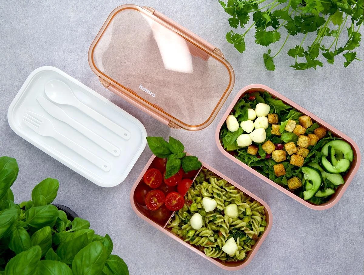 Homra Lunchbox STAQS Pink - Bento Box - 2 Laags Broodtrommel - 3 Compartimenten - Roze - Lunch To Go - Duurzaam Kunststof - BPA Vrij - 3 Vaks Lunchtrommel Voor Volwassenen - Inclusief Bestek - Magnetron, Diepvries, Vaatwasser Bestendig - Vers Houden - Afbeelding 15