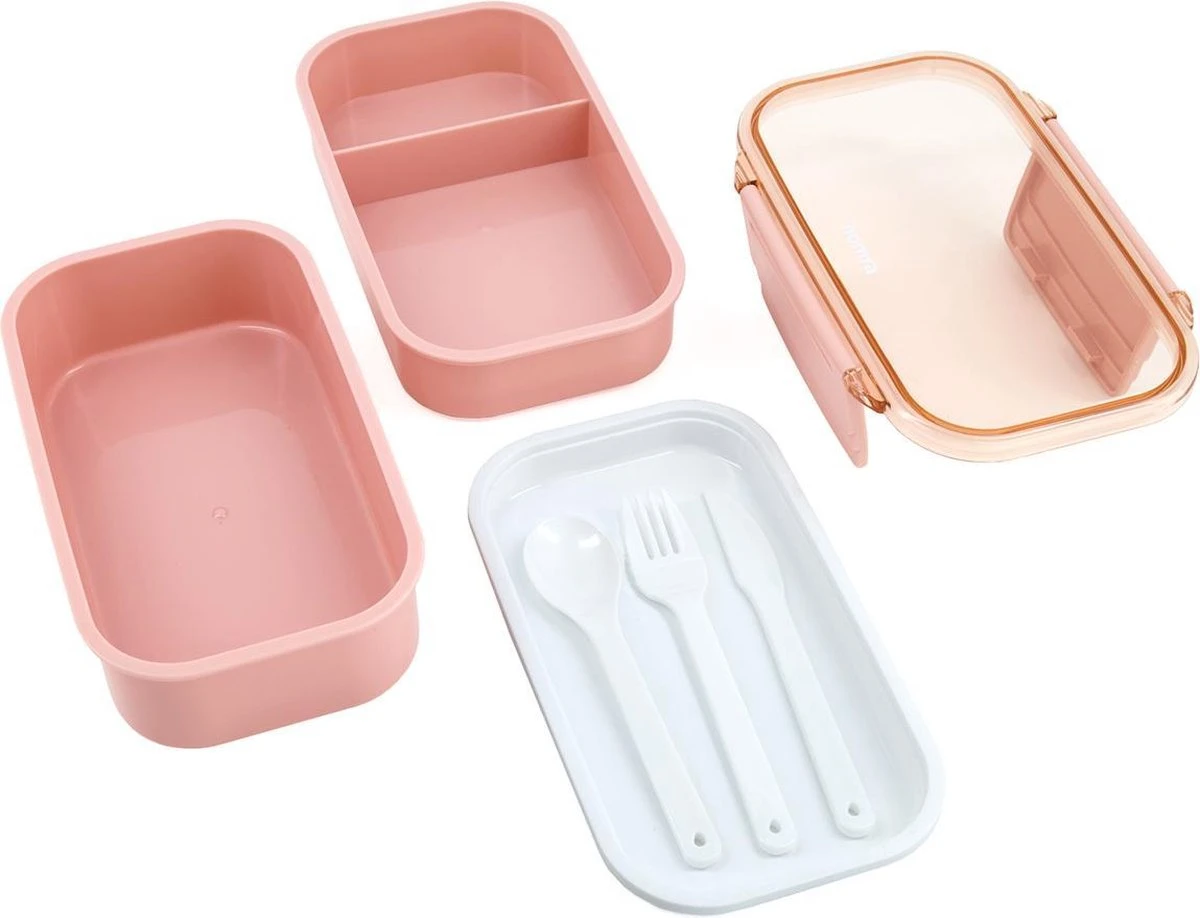 Homra Lunchbox STAQS Pink - Bento Box - 2 Laags Broodtrommel - 3 Compartimenten - Roze - Lunch To Go - Duurzaam Kunststof - BPA Vrij - 3 Vaks Lunchtrommel Voor Volwassenen - Inclusief Bestek - Magnetron, Diepvries, Vaatwasser Bestendig - Vers Houden - Afbeelding 2
