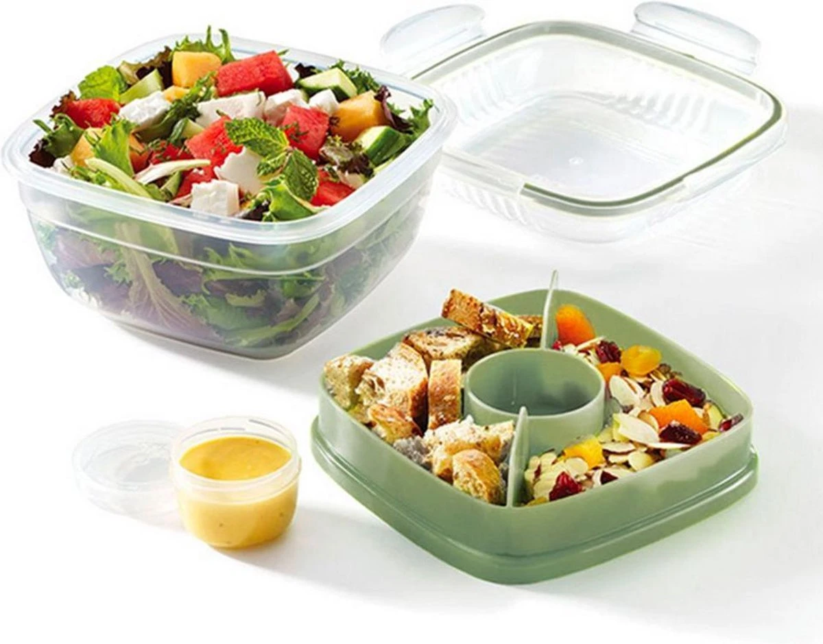 Lock&Lock Saladebox - Salade Lunchbox To Go - Salade To Go - 950 Ml - Lekvrij - Met Verdeelvakjes - Groen - Afbeelding 3