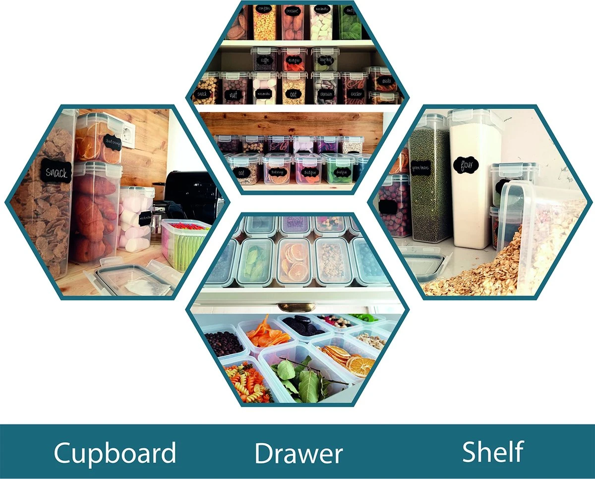 Empyrea Set Van 24 Luchtdichte Vershouddozen, Voorraad Bussen Opslag En Organisatie, Keuken En Voedselcontainer, Voorraadpotten Van Kunststof, BPA-vrij, 72 Etiketten, 3 Markers En 8 Lepels Meegeleverd | Keuken Organizer Voorraadcontainers - Afbeelding 3