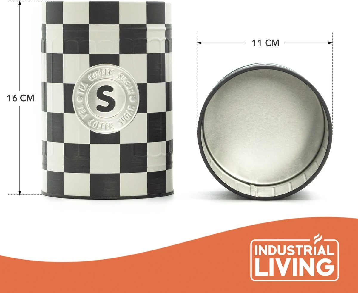 Industrial Living Voorraadblikken – Voorraadbussen Koffie Thee Suiker – Bewaarblik – Checkerboard – Voorraadpot Geblokt Voor Koek – Metaal - Set Van 3 – Zwart - Wit - Afbeelding 2