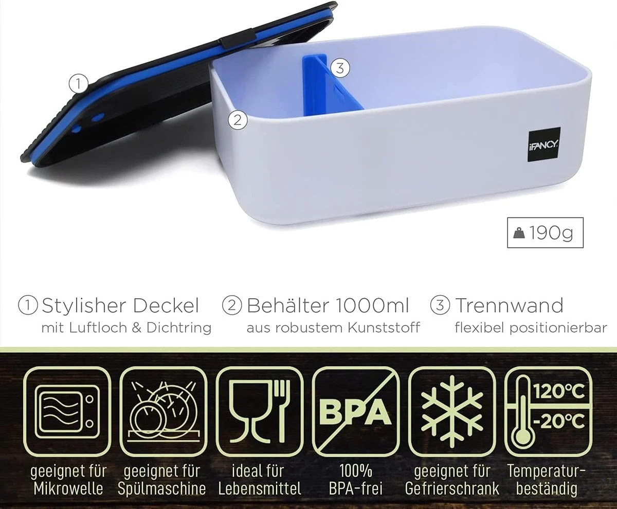 IFancy Lunchbox Tasty - Bento Lunch Box 1000ml - Dicht & Lekvrij Voor Kinderen & Volwassenen - Kantoor & School - BPA Vrij - Vaatwasser Magnetron & Vriezer Lunch Box (Blauw) - Afbeelding 2