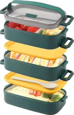 Lunchbox, Bento Box Voor Volwassenen Kinderen, Kinderlunchbox Met Compartimenten, 3-laags Lekvrije Bento-lunchbox Met Vork, Lepel, Geschikt Voor Lunchbox Voor Werk, Kantoor, School (2,25L Groen)