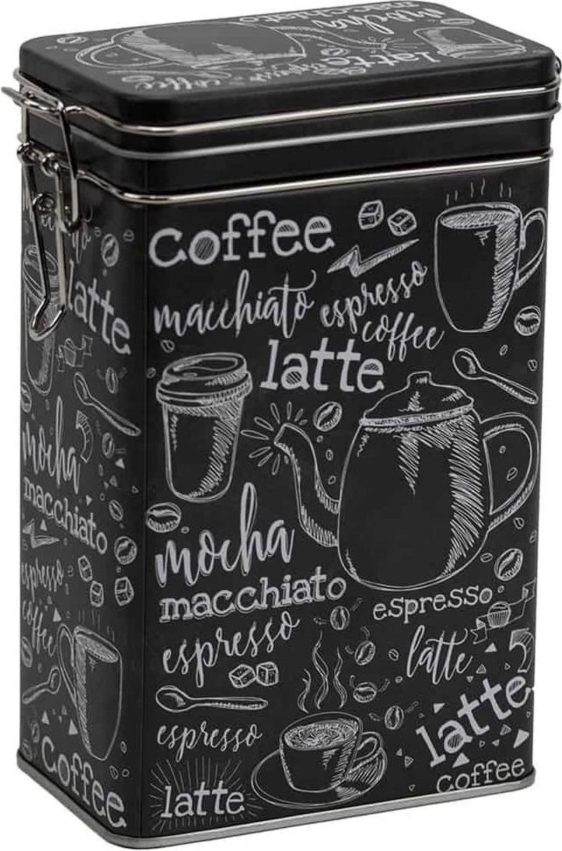 Merkloos Bewaarblik/theeblik/voorraadblik - Rechthoekig - Klipsluiting - Groot - Koffieprint