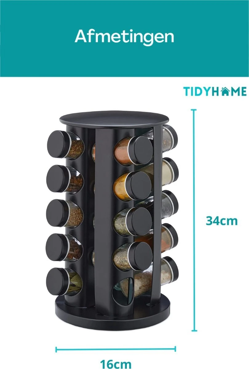 TidyHome Kruidenrek Draaibaar - Kruidenpotjes - Kruiden Carrousel - 20 Kruidenpotjes - Zwart - RVS - Draaibaar - Aanrecht Organizer - Inclusief Labels, Pen En Trechter - Keuken Organizer - Afbeelding 2