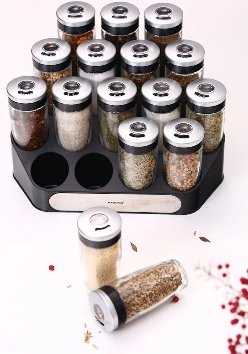 Merkloos Decopatent® Kruidenrek Incl. 16 Glazen Kruiden Potjes - Rvs Strooideksel - Staand Kruiden & Specerijen Rek - Kruidenpotjes Glas - Afbeelding 9