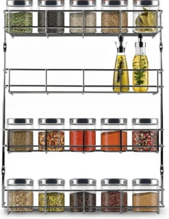 KitchenBrothers Ophangbaar Kruidenrek Voor 32 Kruidenpotjes - Spice Rack – Keuken Rek - Kruiden Organizer - Specerijen Opbergen - 4 Laags - 40 X 6.3 X 50 Cm - RVS