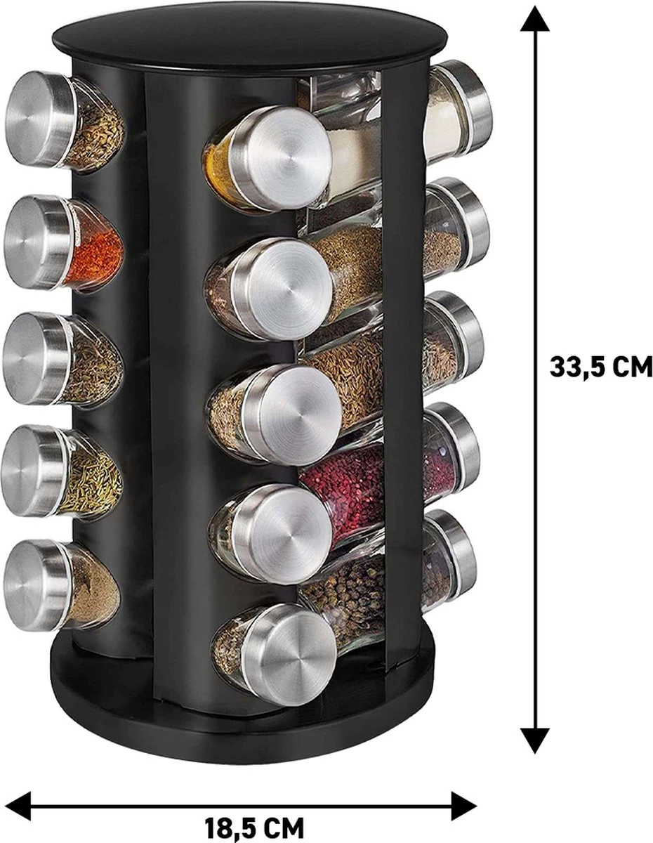 Merkloos Draaibaar Kruidenrek Met 20 Kruidenpotjes - Kruidenrek Staand - Aanrecht Organiser - Glazen Potjes Met Deksel - Inclusief 32 Etiketten En 1 Uitwisbare Stift - Ronde Afwerking - Zwart - Afbeelding 4