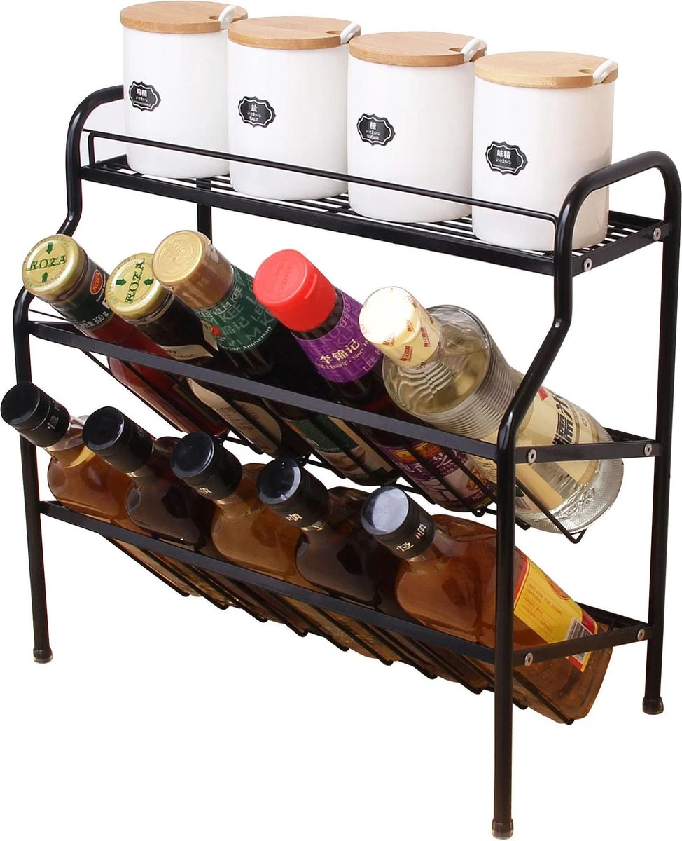 Zindoo Kruidenrek Zwart 3-laags Staand - Specerijen Rek - Kruiden Rek - Duurzaam RVS - Anti Slip Onderzijde - Specerijenstandaard – Keukenorganizer - Spice Rack - Kitchen Rack - Spice Organizer Keukenaccessoire - ZIN-SR05