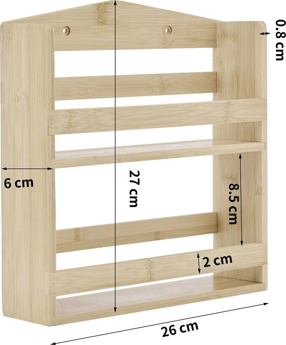 ACAZA Ophangbaar Kruidenrek Met 10 Glazen Kruidenpotjes, Spice Rack, Keuken Rek, Kruiden Organizer Voor Specerijen, Peper, Zout, 26 Cm Breed, Bamboe - Afbeelding 3