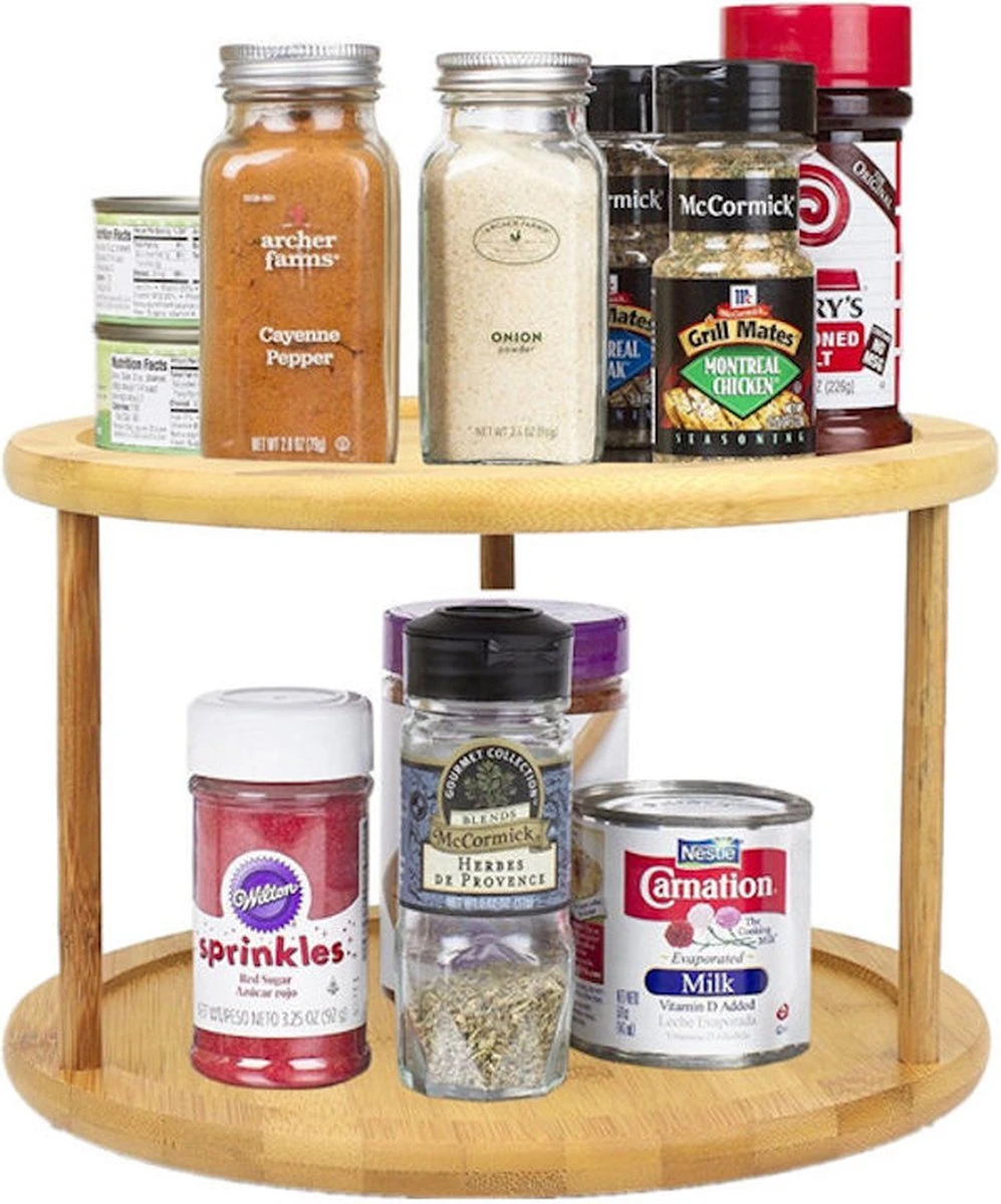 Merkloos Decopatent® Kruidenrek / Fruitschaal Bamboe - Rond - Kruiden Carrousel - Draaibaar - Staand Bamboe Specerijenrek Draaiplateau - Fruitrek - Afbeelding 4